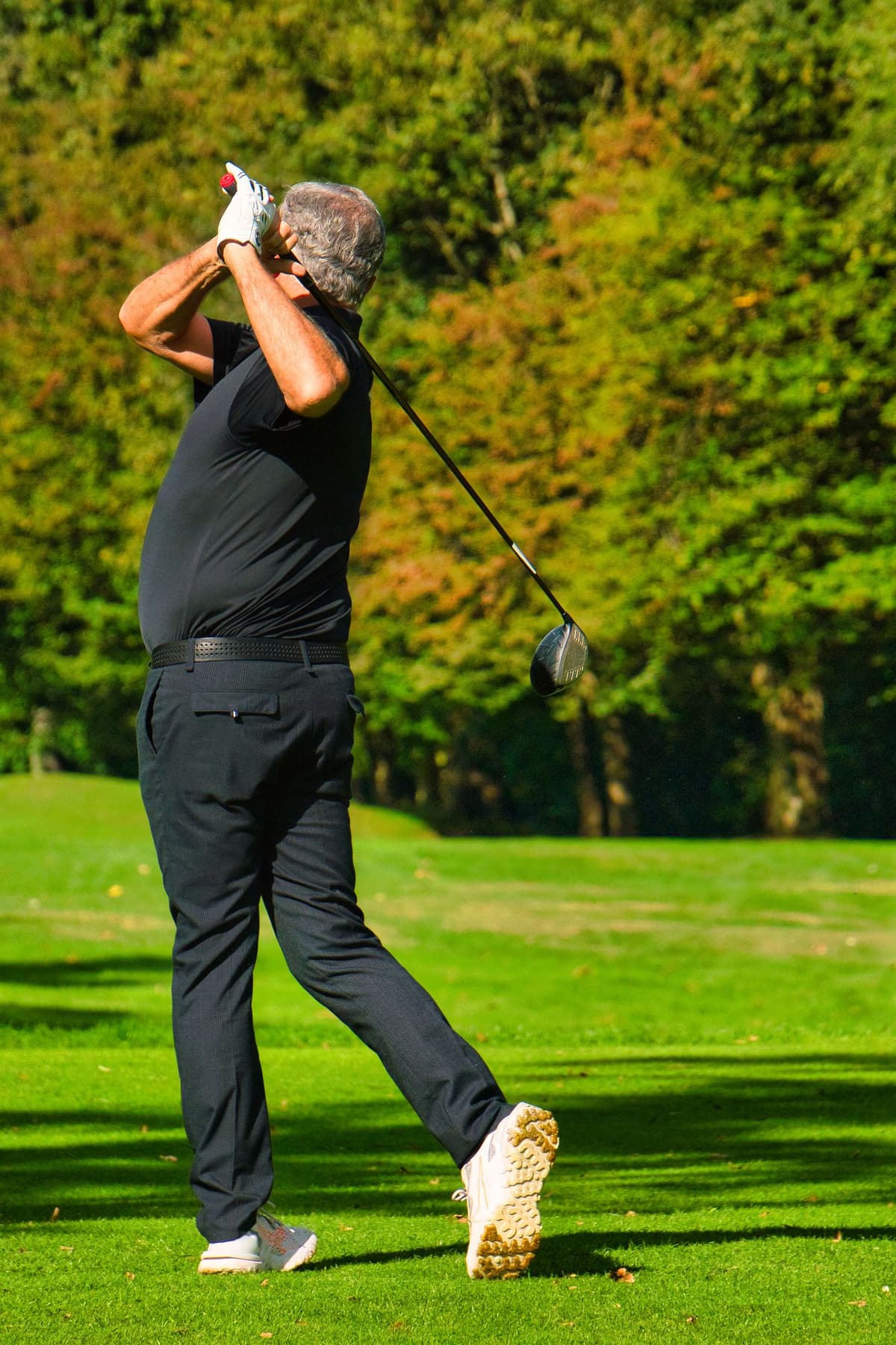 A golfer playing among warm, leafy Italian parkland